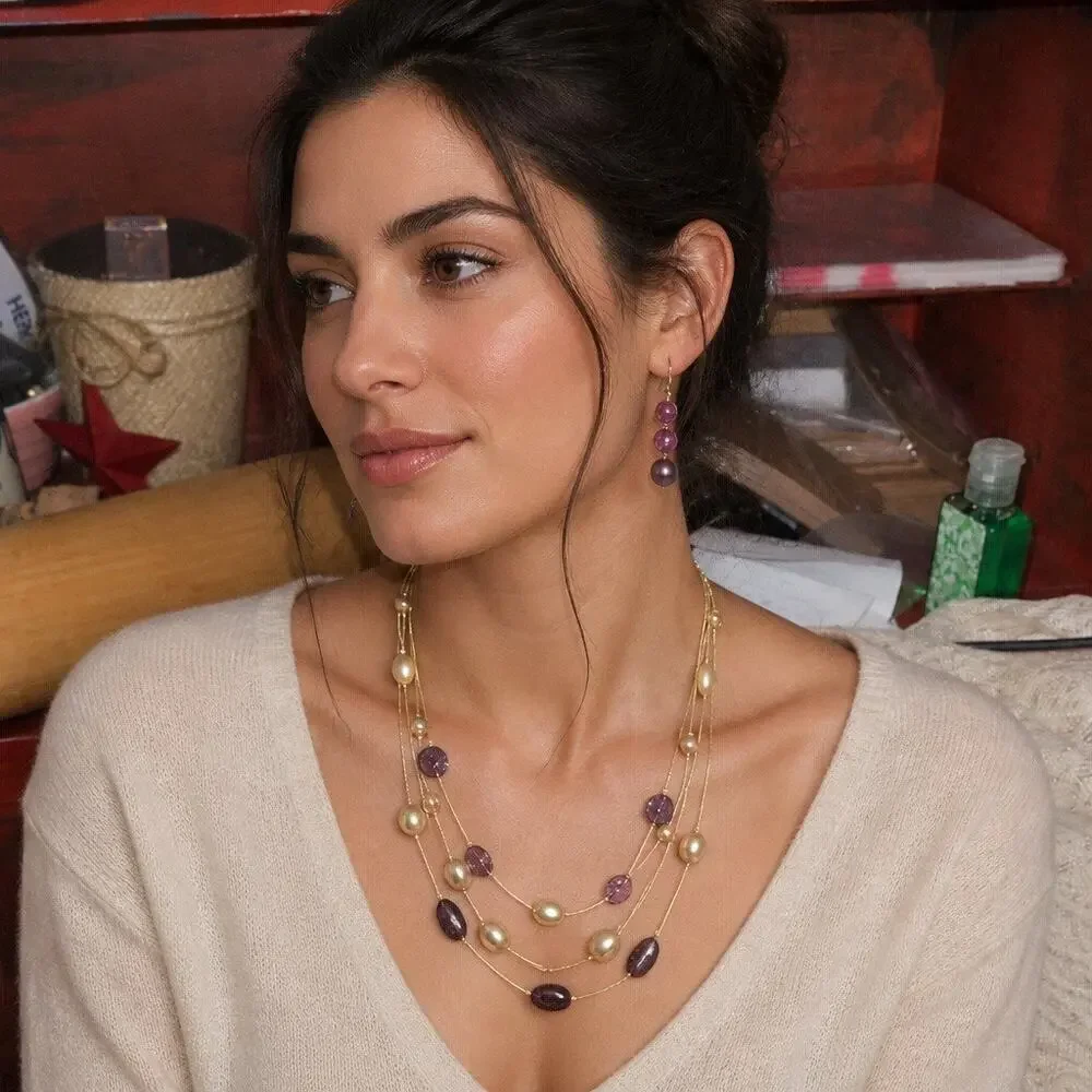 Retired Premier Designs 3-Strand Gold Layering Necklace Dual Earring Curated Set